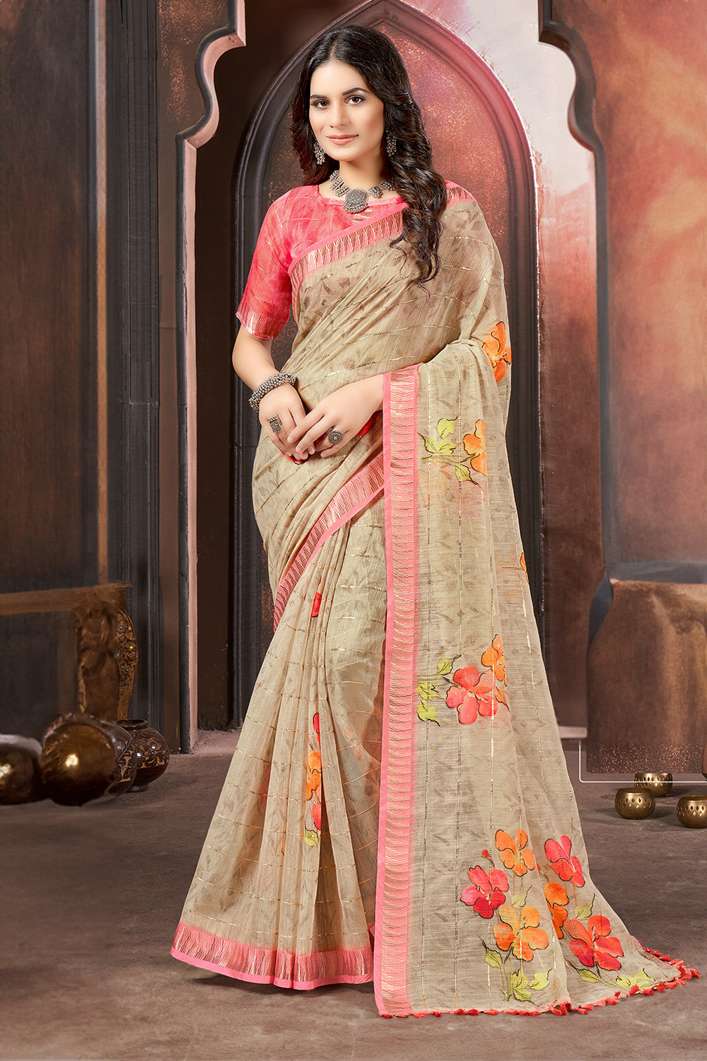 Olive Green Color Cotton Floral Printed Saree