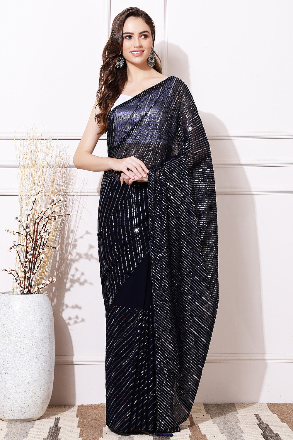 Navy Blue Color Sequins Embroidered Georgette Saree