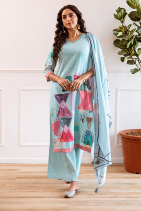 Sea Green Color Khadi Cotton Printed Suit