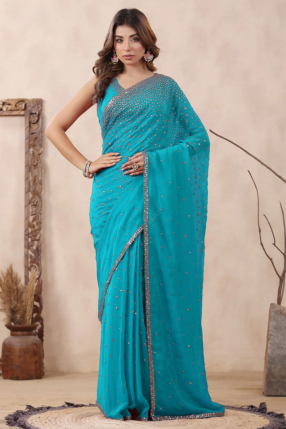 Turquoise Color Embroidered Georgette Saree With Readymade Blouse