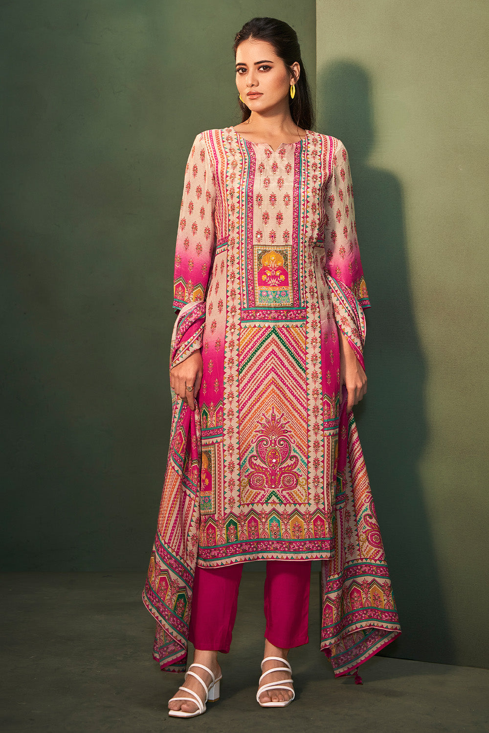 Cream Color Tissue Silk Printed Straight Suit