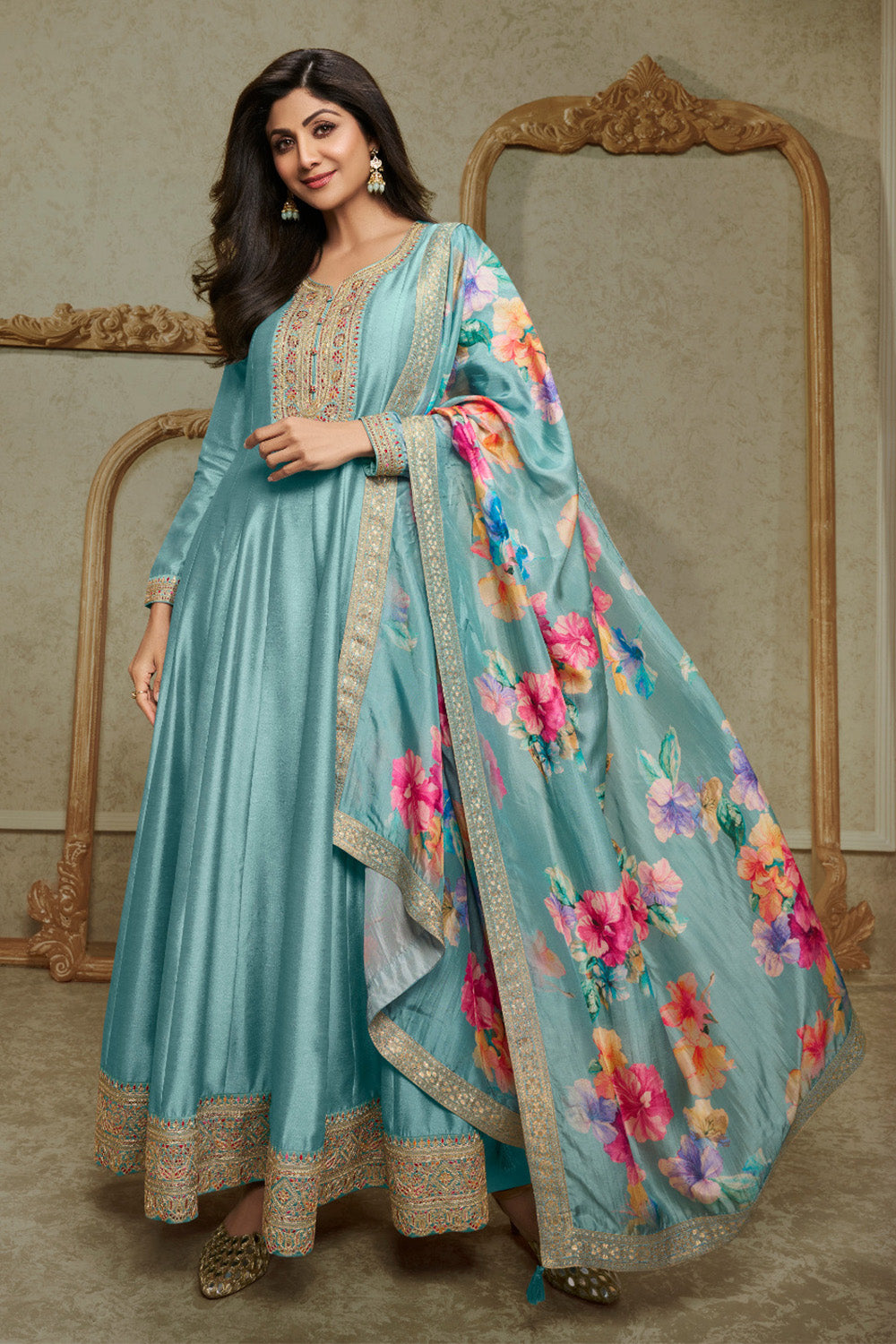 Powder Blue Silk Embroidered Anarkali Suit