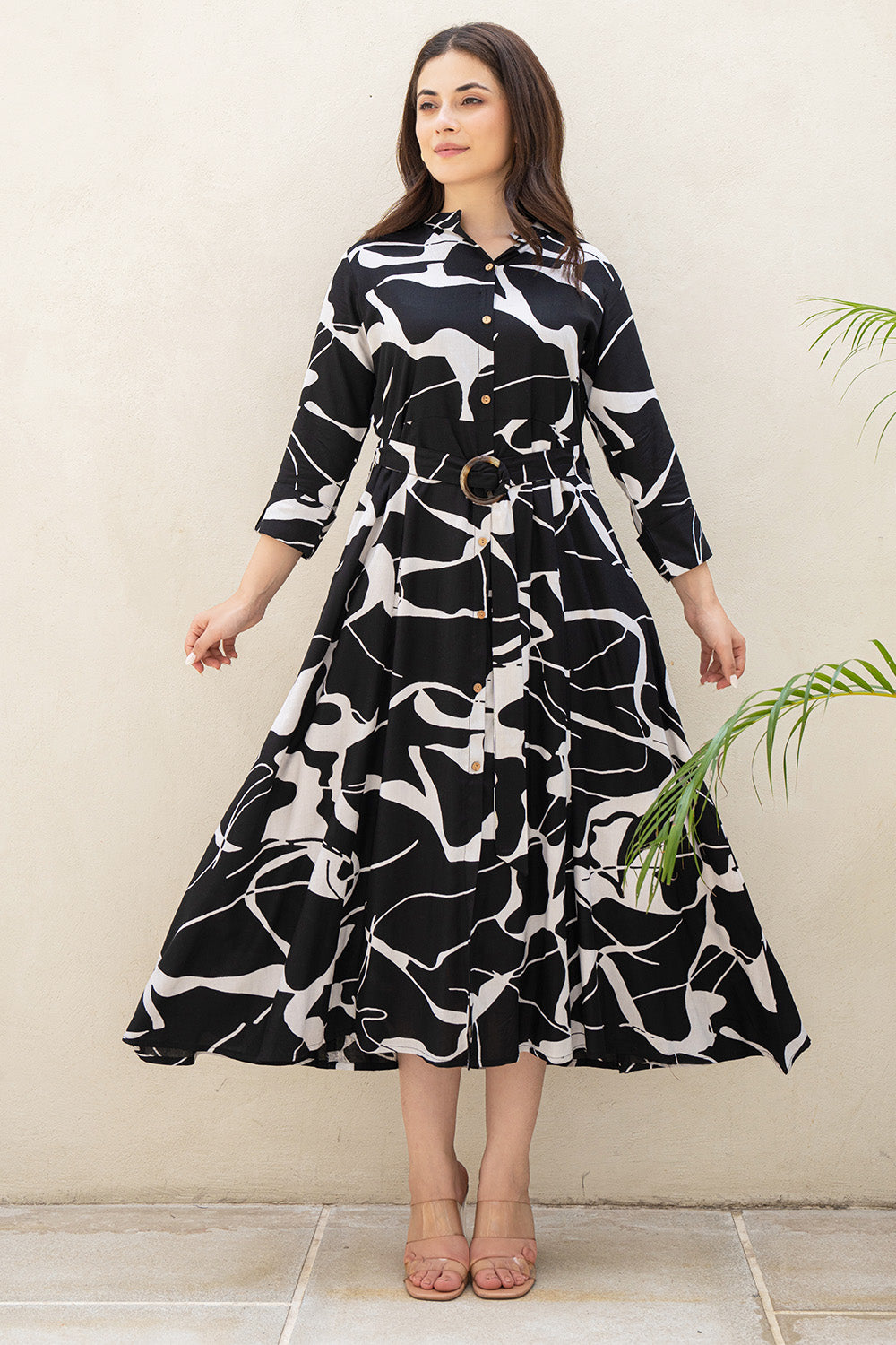 Black Color Rayon Printed Peonies Dress