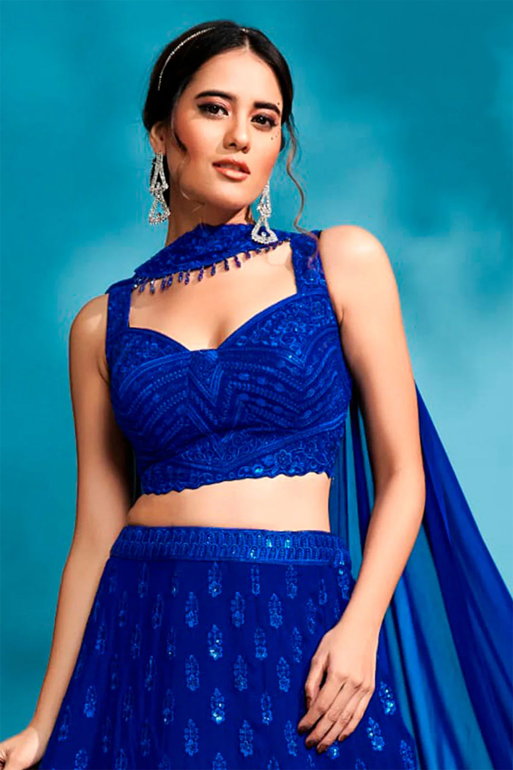 Royal Blue Color Georgette Embroidered Lehenga