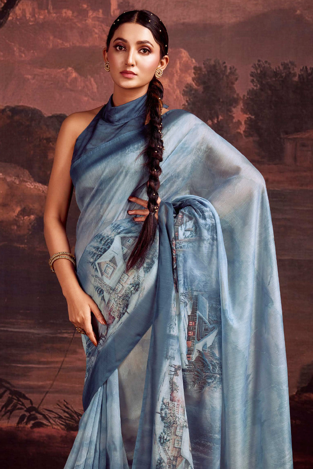 Regent Grey Color Printed Chanderi Cotton Saree