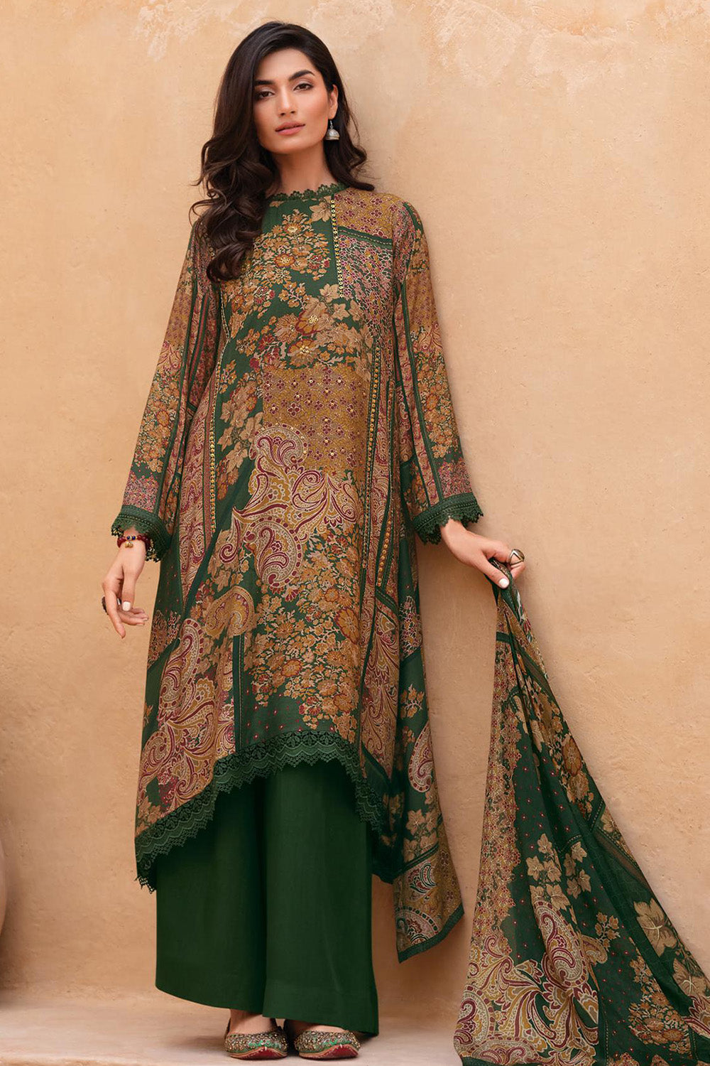 Bottle Green Color Floral Printed Spun Unstitched Suit Material