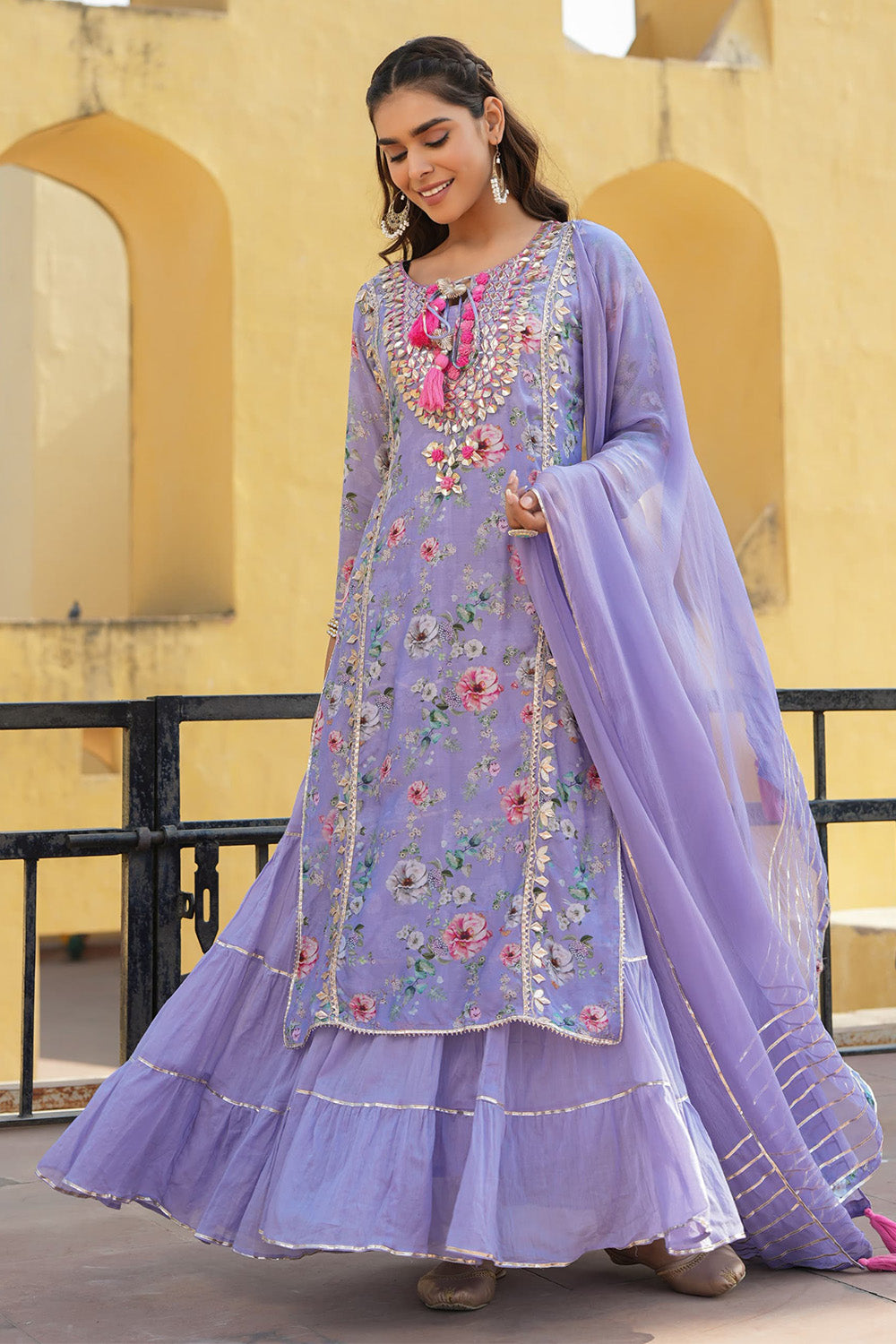 Light Lavender Color Muslin Embroidered & Floral Printed Kurta Set With Stitched Skirt