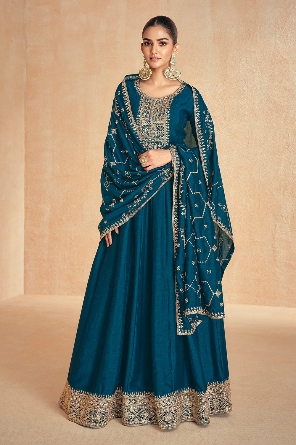 Royal Blue Color Silk Embroidered Anarkali Suit