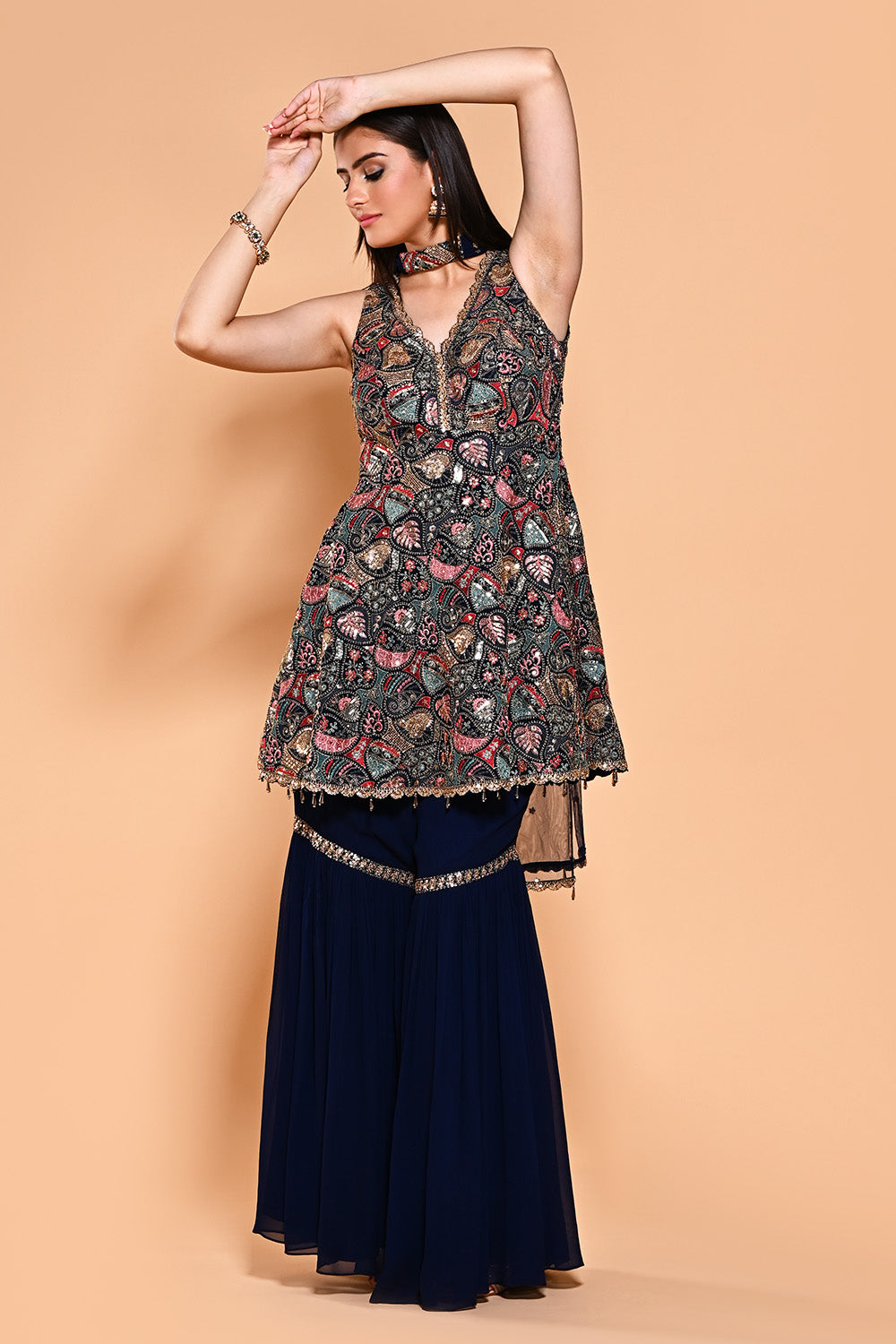 Navy Color Sequins & Resham Embroidered Georgette Peplum Gharara Suit