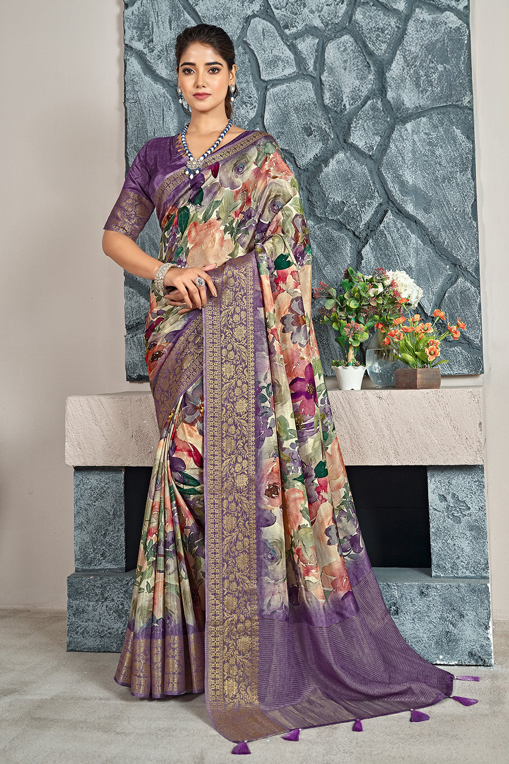 Dusty Lavender Color Printed & Woven Modal Silk Saree