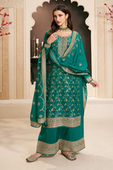 Teal Color Silk Woven and Embroidered Unstitched Suit Fabric