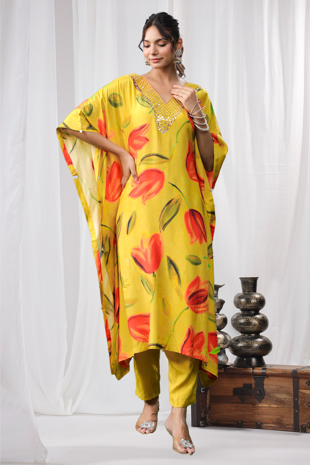 Mustard Color Muslin Printed Kaftan Set