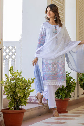 White & Blue Color Printed Cotton Suit