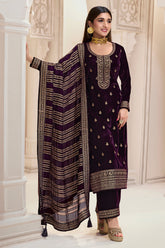 Dark Scarlet Color Embroidered Velvet Unstitched Suit Material