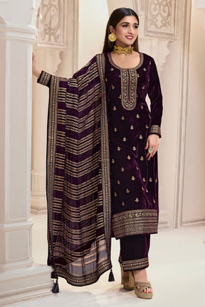 Dark Scarlet Color Embroidered Velvet Unstitched Suit Material