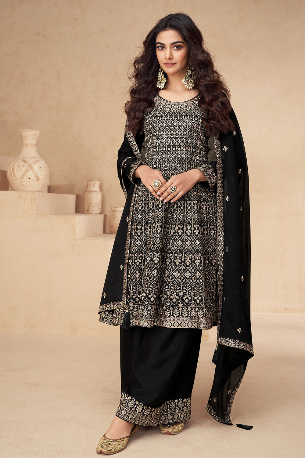 Black Color Crepe Embroidered Suit With Palazzo