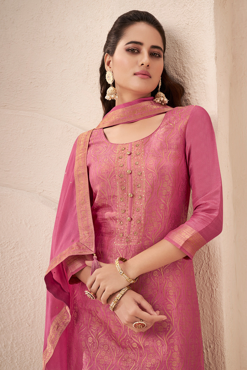 Tulip Pink Color Tissue Silk Zari Woven Unstitched Suit Fabric