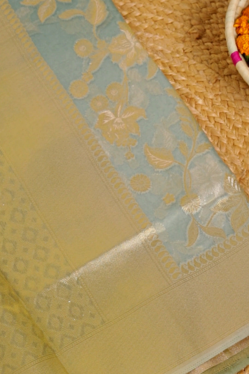 Teal Color Organza Golden Zari Woven Saree