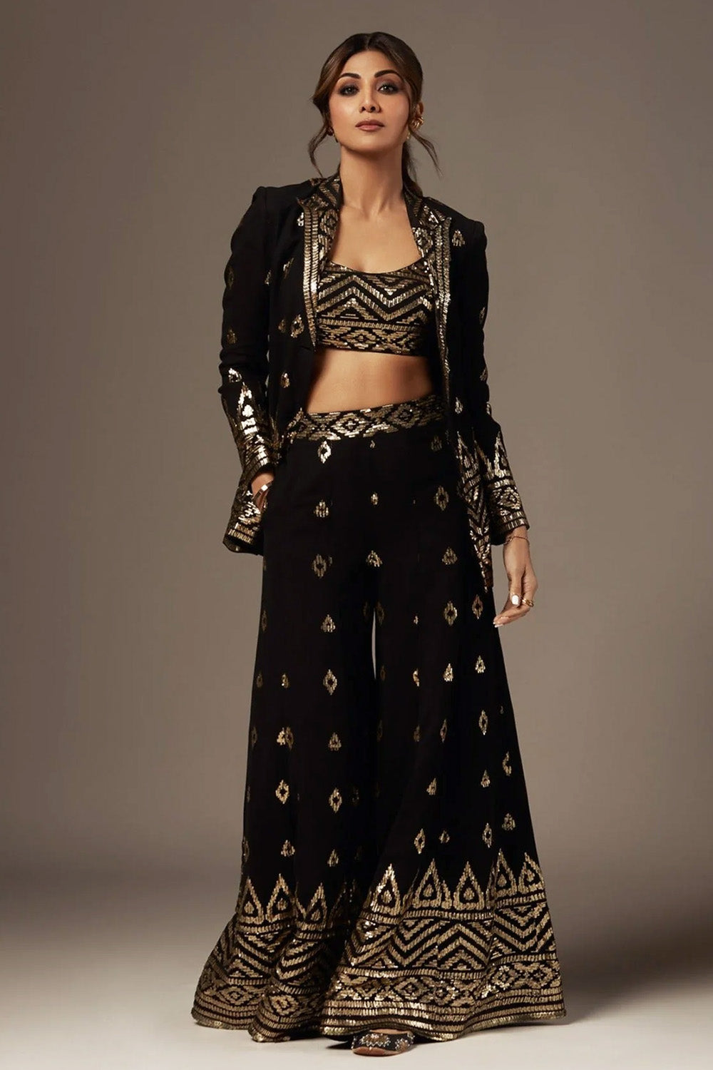 Black Color Georgette Embroidered Crop-Top palazzo Set With Shrug