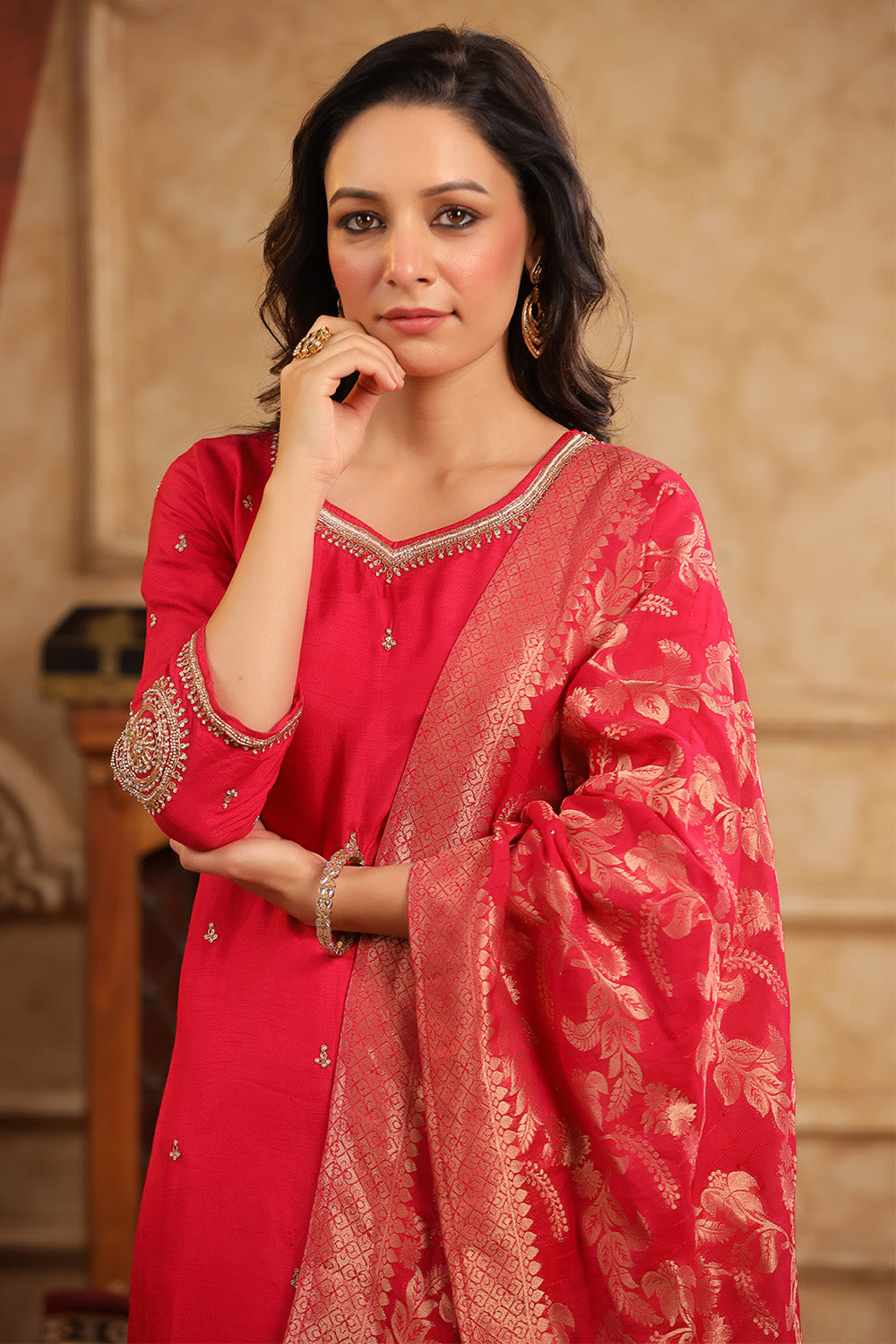 Red Color Silk Embroidered Straight Suit With Woven Dupatta