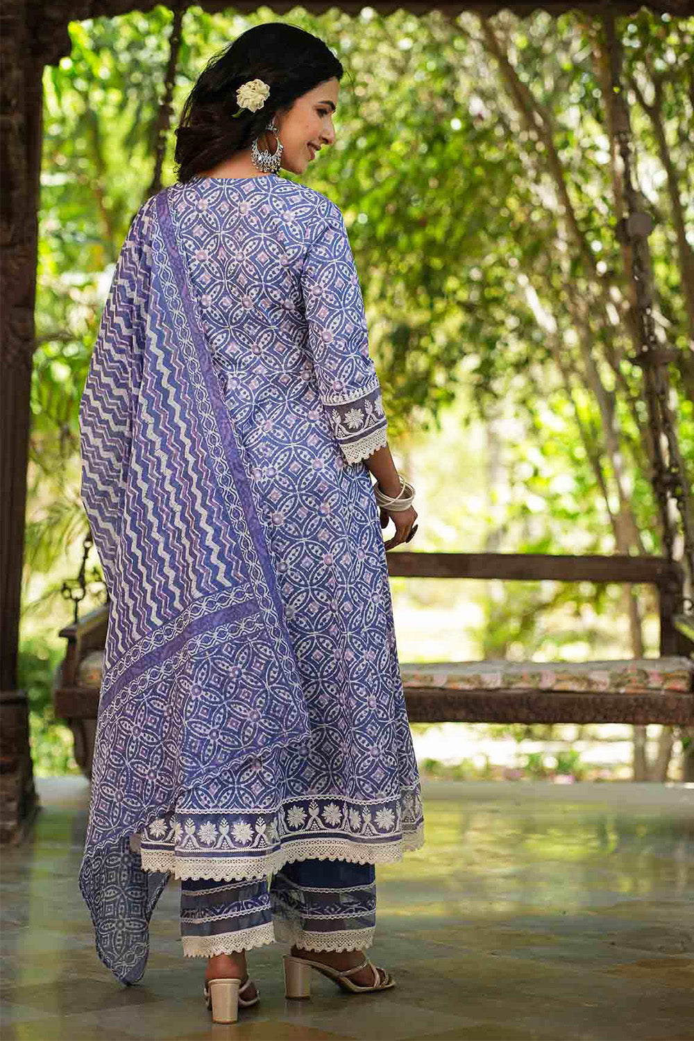 Blue Color Cotton Printed And Neck Embroidered Anarkali Suit