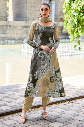 Beige and Black Color Spun Printed Unstitched Suit