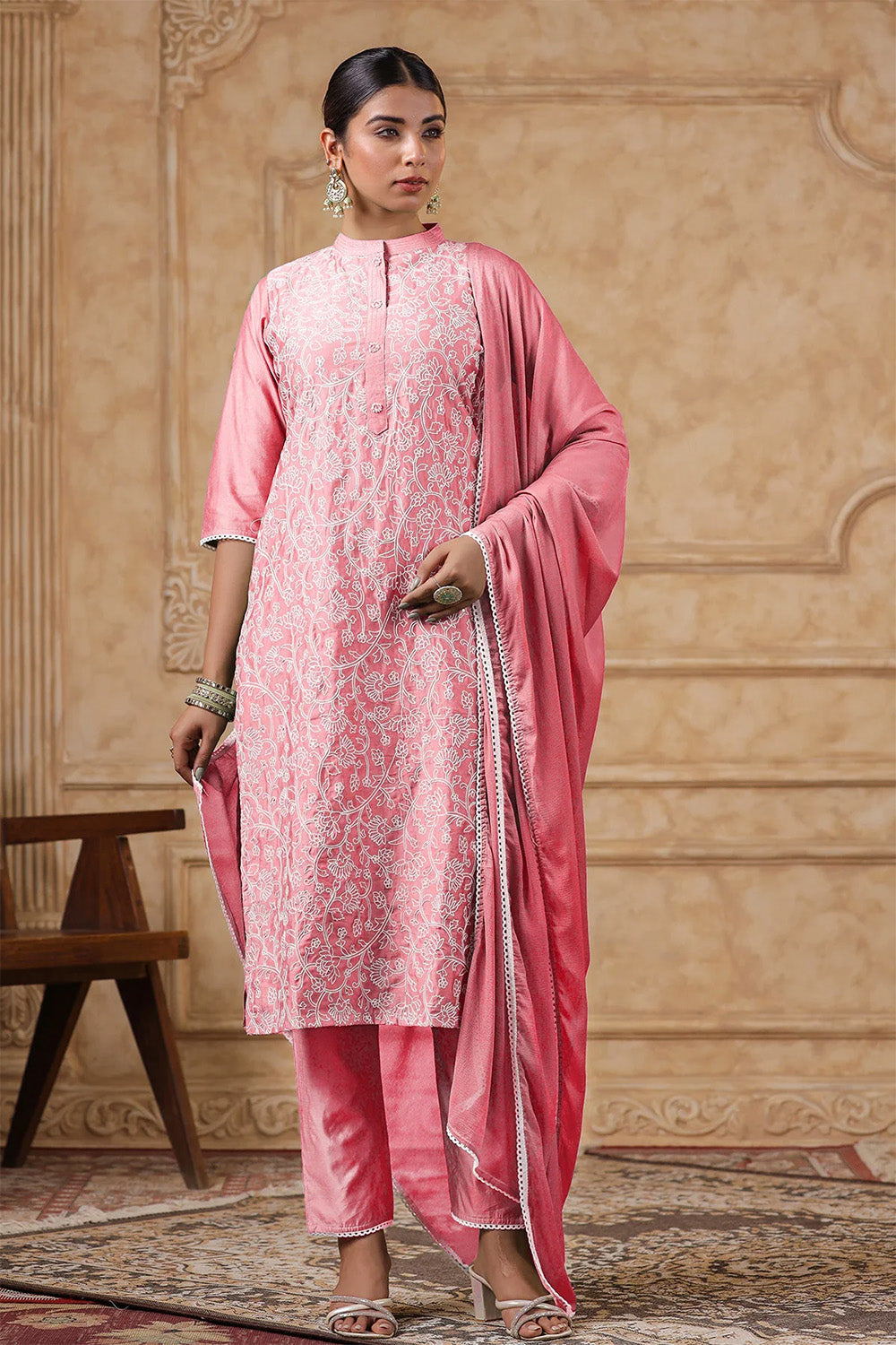 Pink Color Chanderi Resham Embroidered Straight Suit