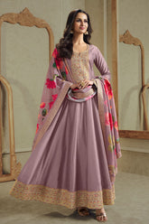 Dusty Mauve Silk Embroidered Anarkali Suit