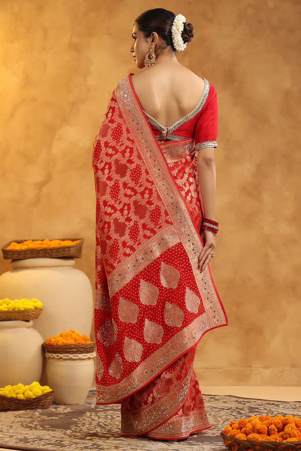 Red Color Khhadi Georgette Woven Saree