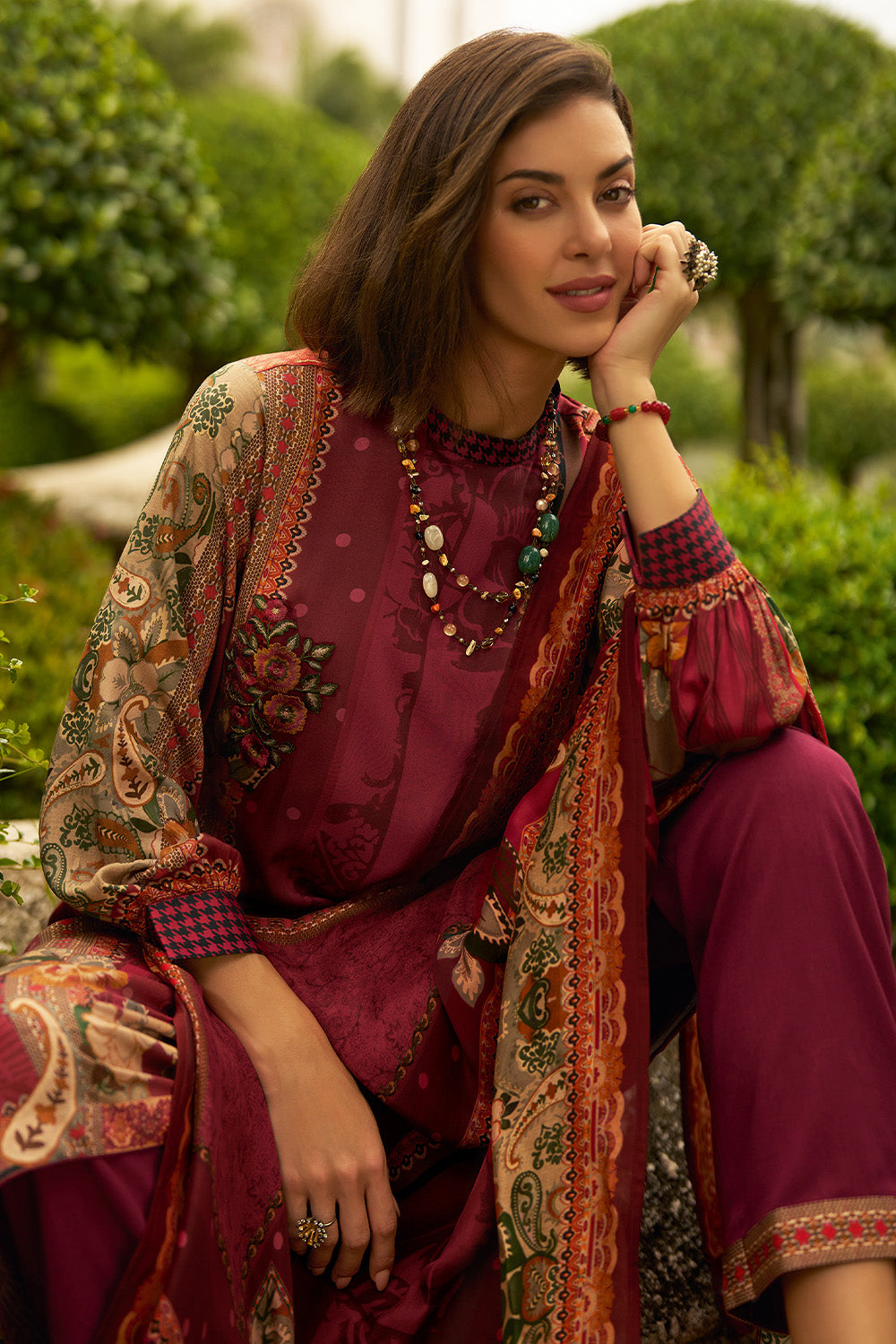 Maroon Colour Resham Embroidered And Printed Unstitched Suit