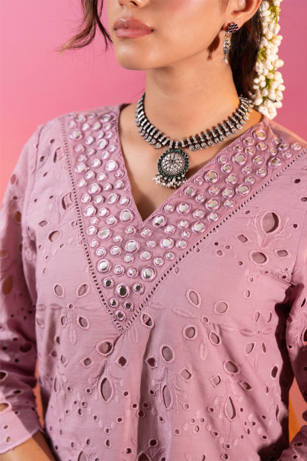 Mauve Color Cotton Embroidered Kurta Set