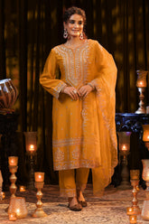 Mustard Color Crepe Silk Embroidered Suit