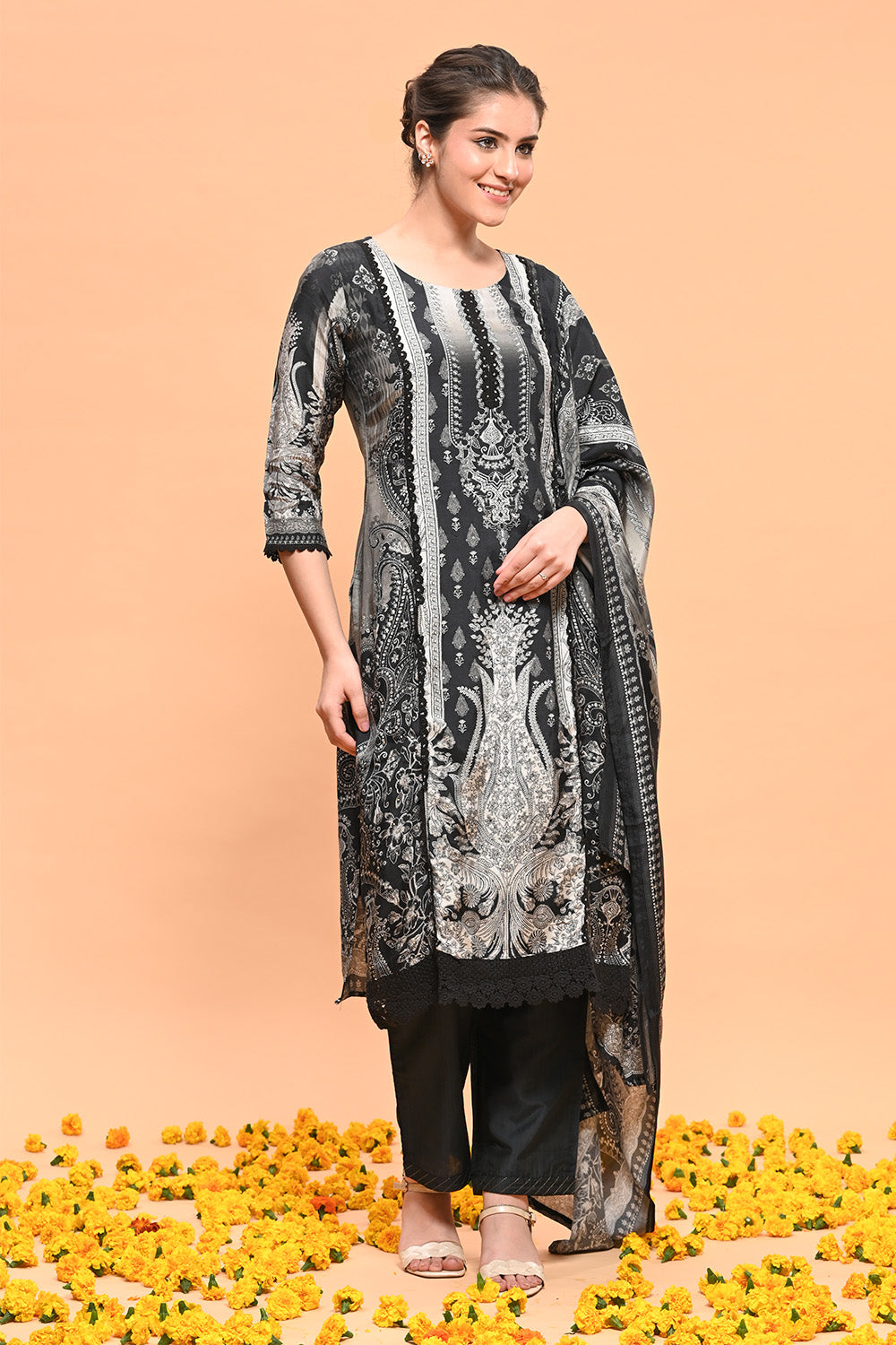 Black Color Muslin Printed Suit