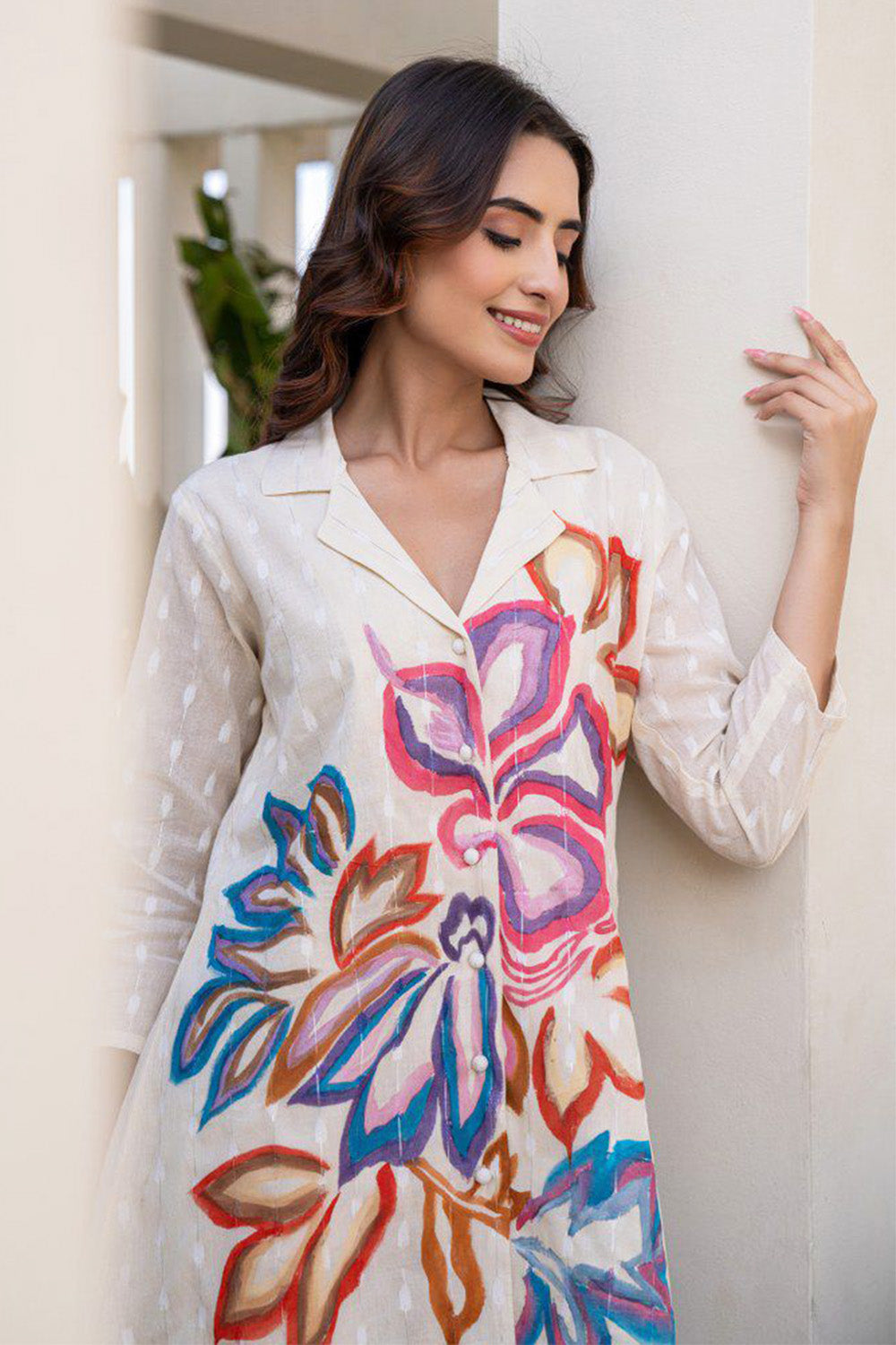 Cream Color Khadi Cotton Floral Printed Co-Ord Set