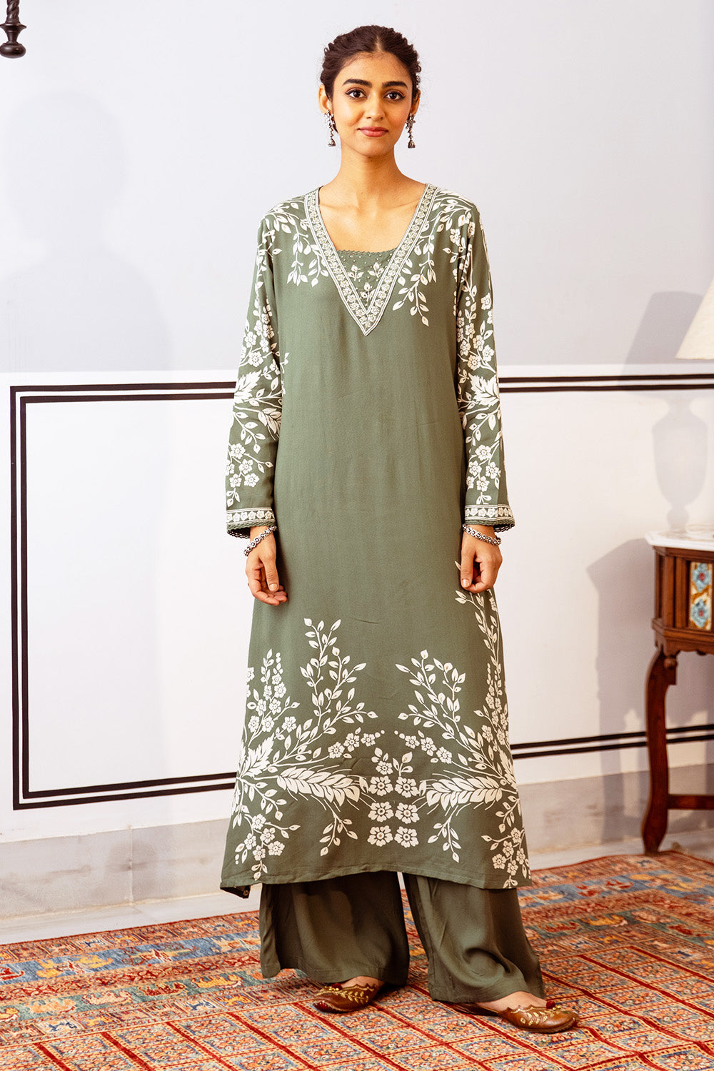 Green Color Floral Rayon Printed Kurta Set With Palazzo