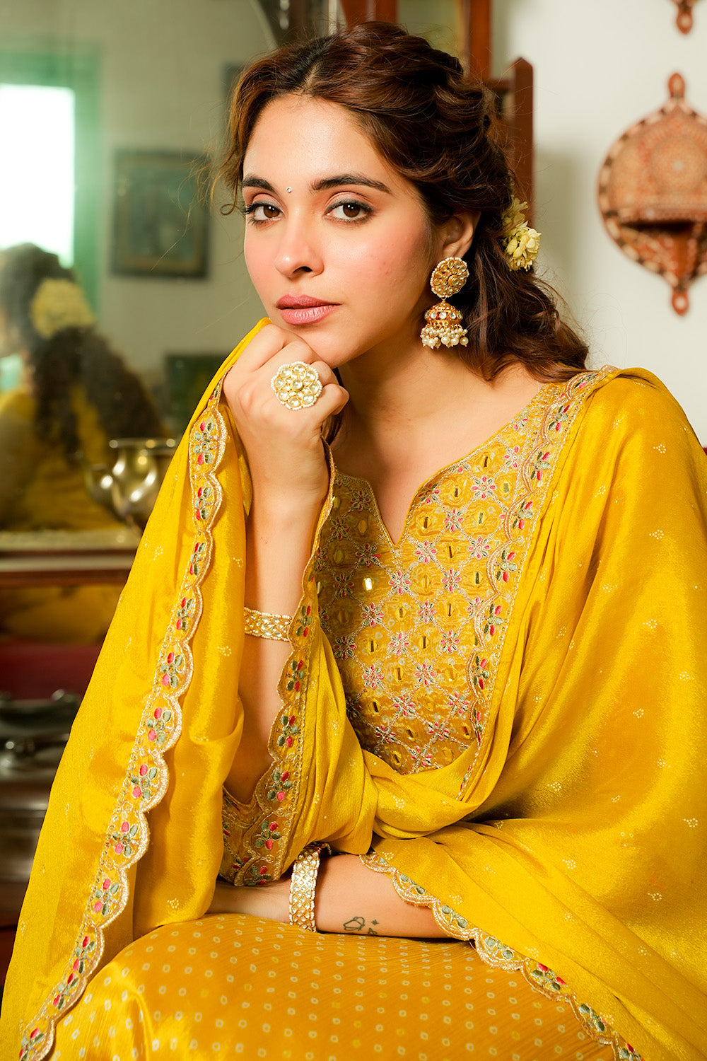 Mustard Color Embroidered Crepe Straight Suit