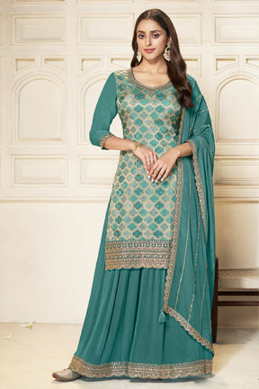 Sea Green Color Organza Silk Woven & Embroidered Suit with Sharara