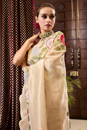 Cream Color Resham Embroidered Tissue Saree