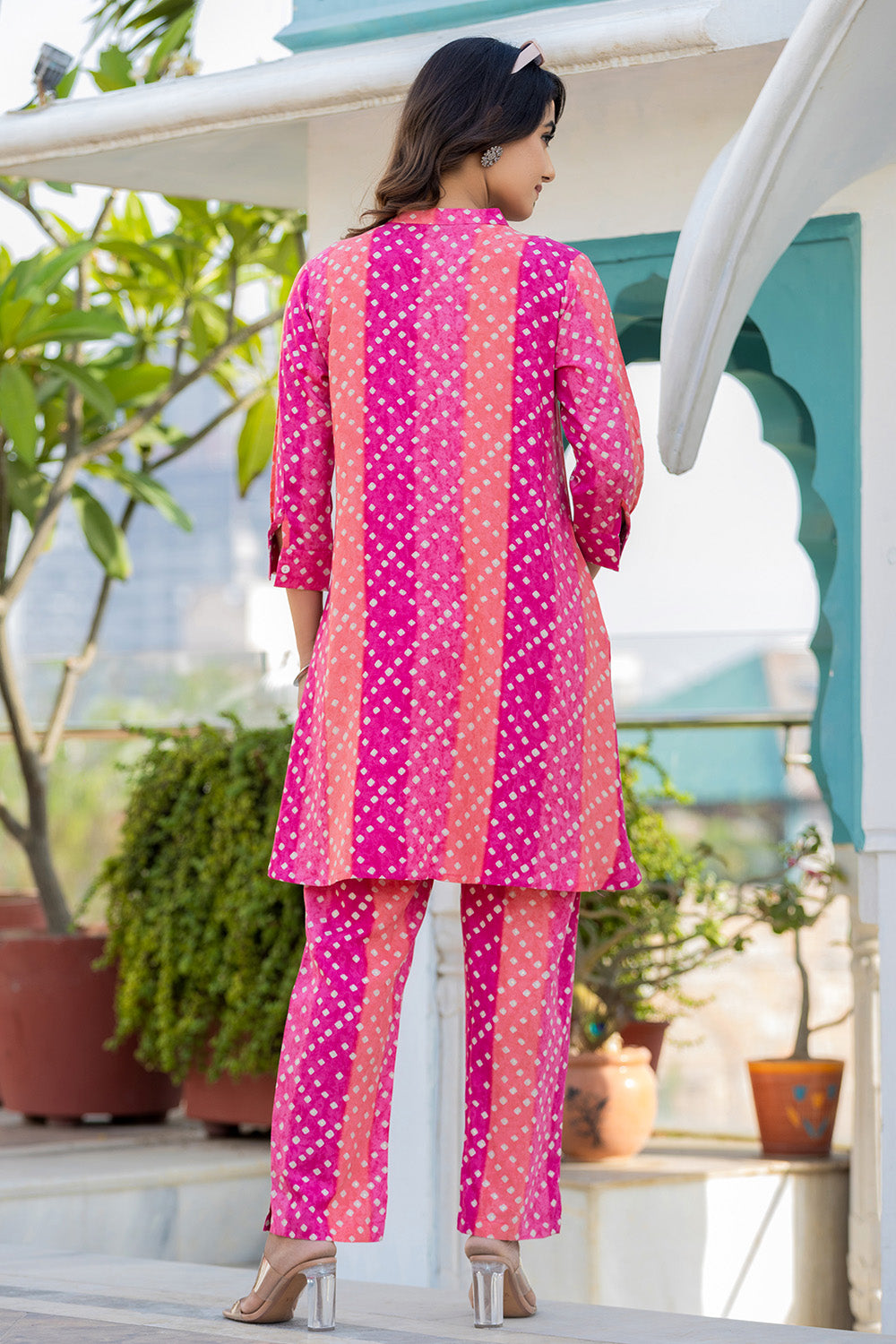 Pink & Orange Color Printed Rayon Suit