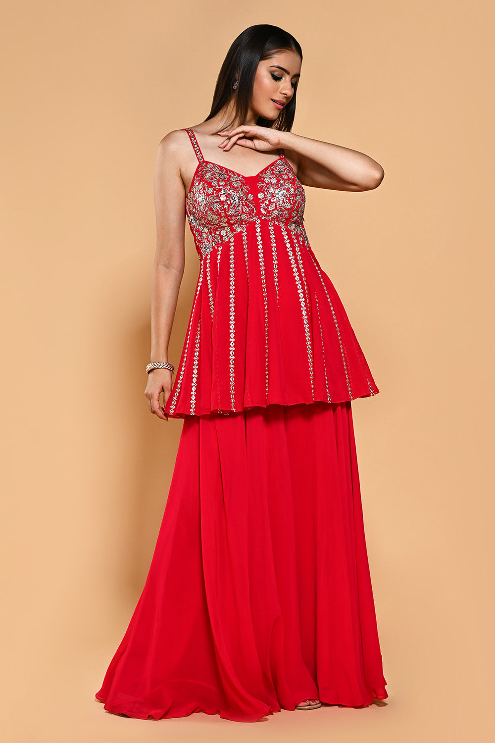 Red Color Embroidered Georgette Peplum Sharara Suit