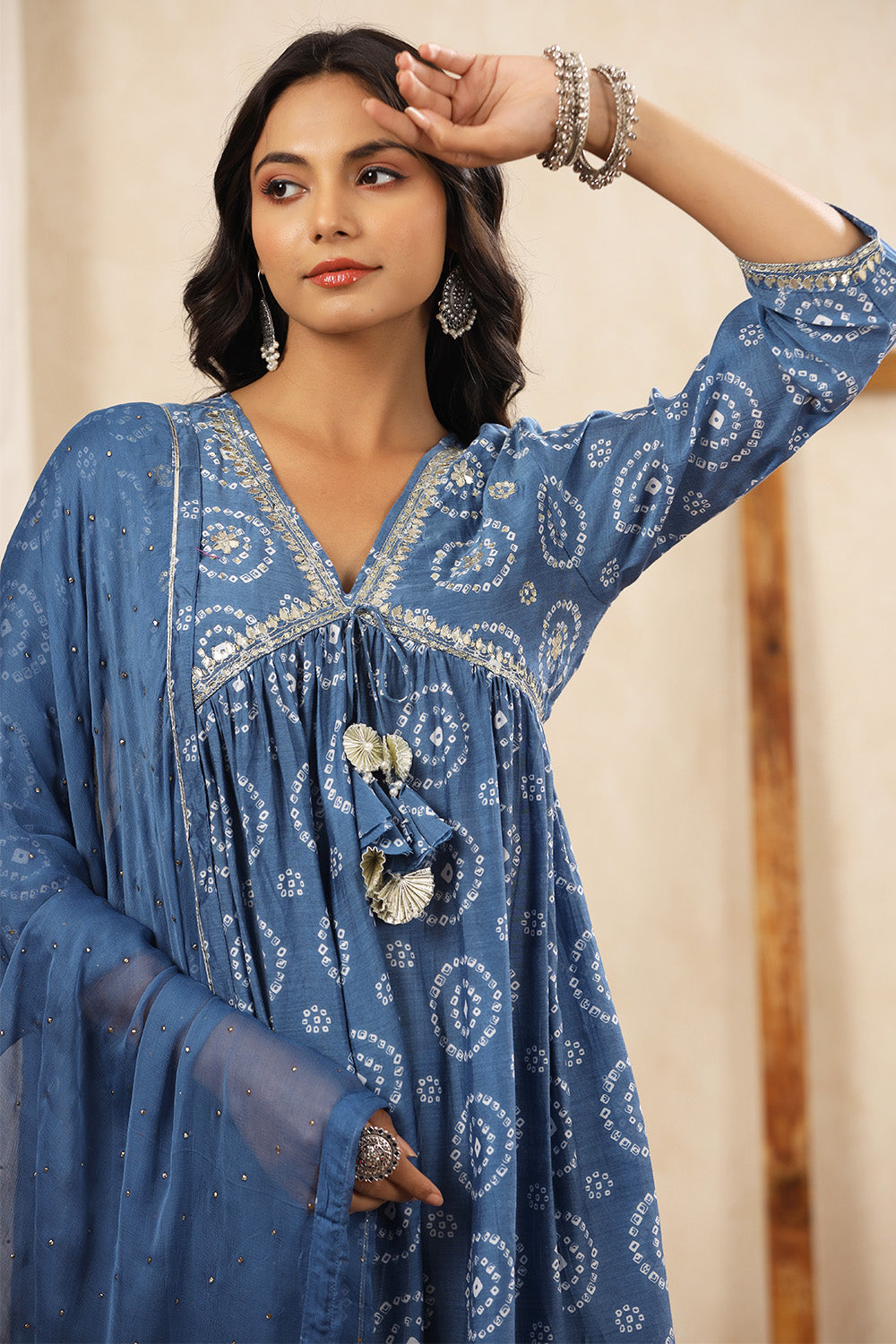 Blue Bayoux Color Crepe Silk Bhandhani Printed Alia-Cut Suit With Gharara