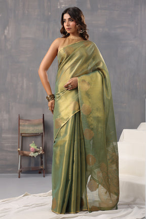 Green Color Organza Cotton Golden Zari Woven Saree