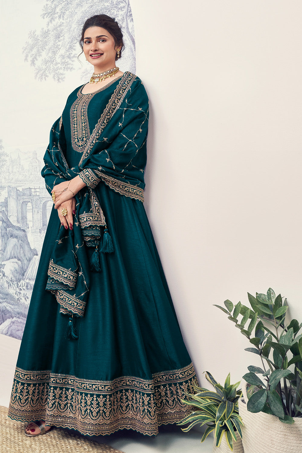 Teal Color Silk Zari Embroidered Semi-Stitched Suit Material