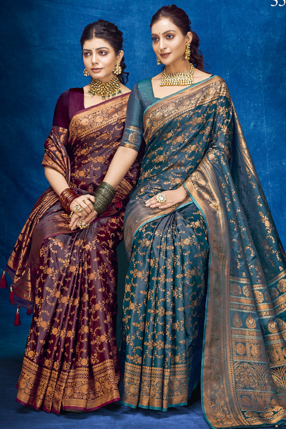 Dark Teal Color Woven Silk Banarasi Saree