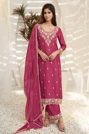 Magenta Color Silk Resham Embroidered Straight Suit