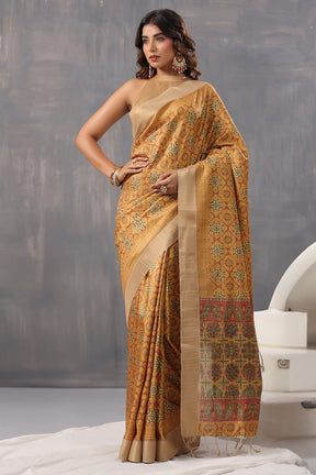 Mustard Colour Cotton Printed Saree With Stunning Woven Border