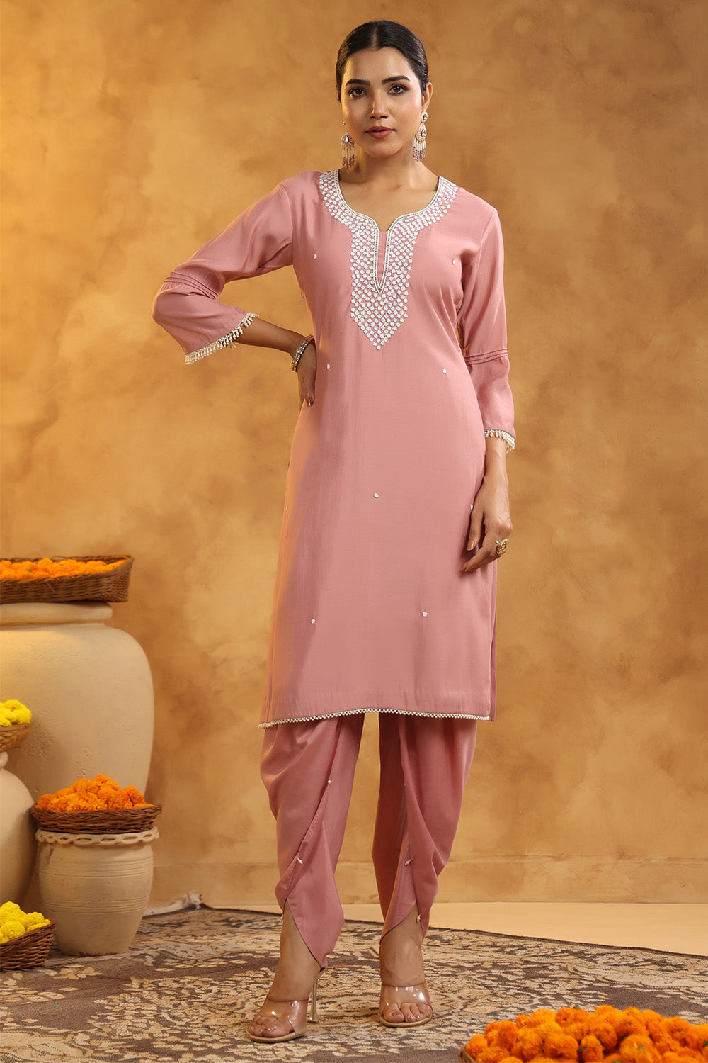 Dusty Pink Color Cotton Neck Embroidered Unstitched Suit Fabric