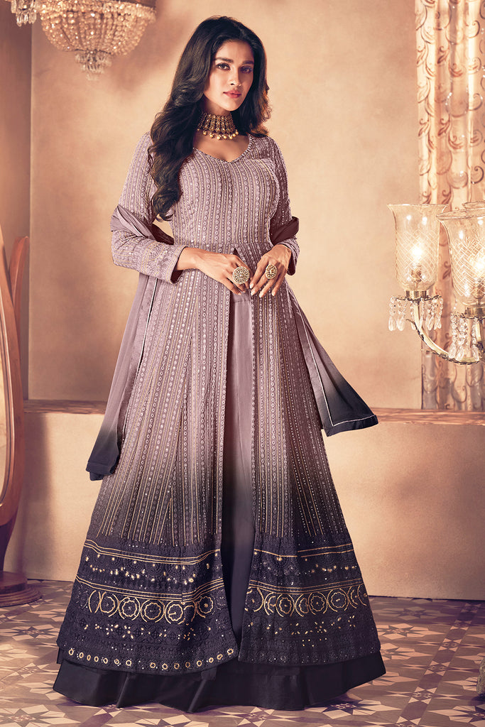 Opera Mauve Color Georgette Embroidered Suit With Skirt
