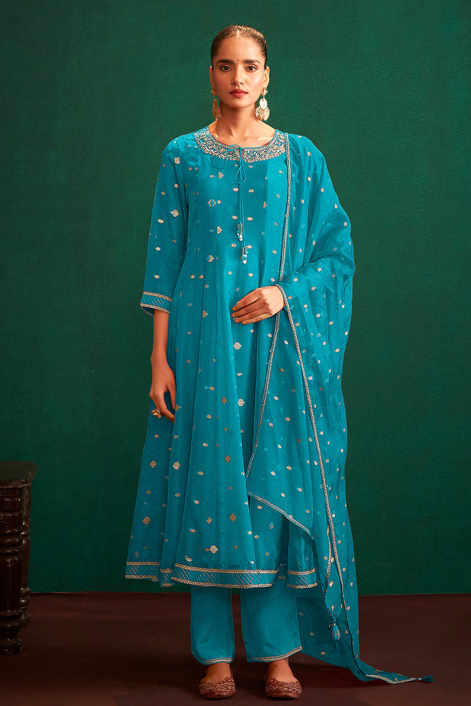 Teal Color Organza Embroidered Anarkali Suit