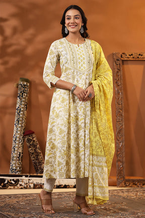 Cream & Lemon Yellow Color Floral Printed Cotton Anarkali Suit